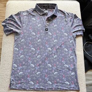 Bad Birdie Floral Polo Shirt - Gray with Red and Purple Accents